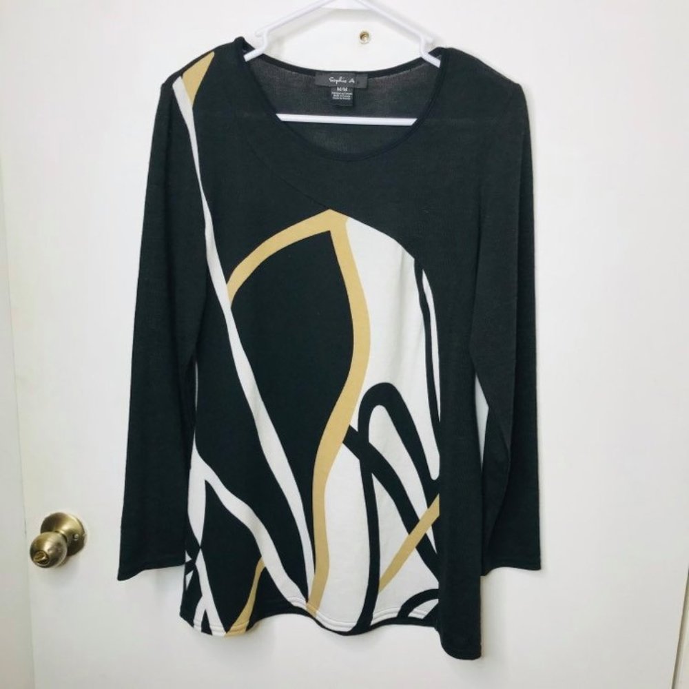 Sophia A Scoop Neck Black, White, Tan Sweater
